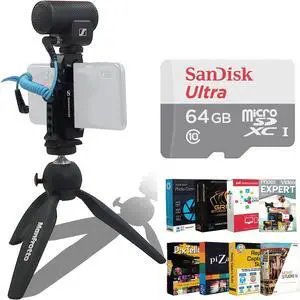 Sennheiser Pro MKE 200 Mobile Kit Microphone, Smartphone Clamp, Manfrotto Tabletop Tripod with 64GB microSDXC Card and Photo & Video Editing Suite