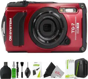 OM SYSTEM Tough TG-7 Digital Camera (Red) with Memory Card Reader and Cleaning Kit