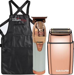 BaByliss Pro ROSEFX+ Professional Cord/Cordless Lithium Outlining Trimmer Rose Gold FX787NRG with Cordless Double Foil Shaver FXFS2RG Rose Gold and Barber Apron