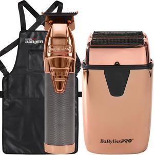 Babyliss Pro FX788RG Cordless Metal Lithium Trimmer Rose Gold with LIMITED EDITON UVFOIL UV-Disinfecting Double Foil Shaver #FXLFS2RG Rose Gold and Barber Apron
