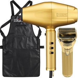 BaByliss Pro FXBDG1 GoldFX High Performance Turbo Dryer with FXONE GOLDFX Interchangeable-Battery Shaver FX79FSG and Barber Apron