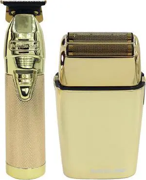 BaByliss Pro GOLDFX+ All-Metal Lithium Outlining Trimmer Gold #FX787NG with Babyliss Pro Foil Cord / Cordless Double Foil Shaver #FXFS2G