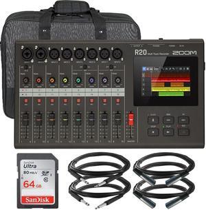 Zoom R20 Portable Multitrack Recorder + XLR Microphone Cable + TRS Cable Accessory Kit