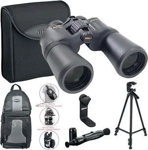 Nikon 16x50 Aculon A211 Binocular (Black) 8250 with 62" Tripod High Quality 8lb Capacity 3-Way Fluid Pan Head Quick Release Bubble Level and Backpack