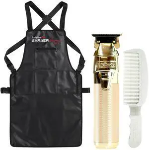 BaByliss Pro FXONE GOLDFX All-Metal Interchangeable-Battery Trimmer #FX799G with Babyliss Pro Industrial Barber Apron and Flat Top Comb White