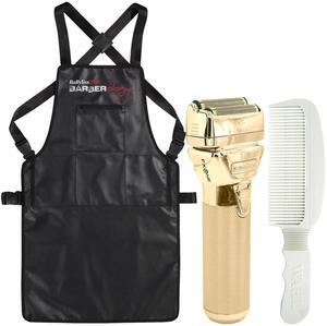 BaByliss Pro FXONE GOLDFX All-Metal Interchangeable-Battery Shaver Gold #FX79FSG with Babyliss Pro Industrial Barber Apron and Wahl Flat Top Comb White