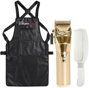 BaByliss Pro FXONE GOLDFX All-Metal Interchangeable-Battery Clipper #FX899G with Babyliss Pro Industrial Barber Apron and Wahl Flat Top Comb White