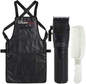 BaByliss Pro FXONE BLACKFX All-Metal Interchangeable-Battery Clipper #FX899MB with Babyliss Pro Industrial Barber Apron and Flat Top Comb White