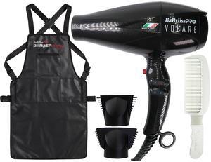 BaByliss Pro Volare Nano Titanium Italian Performance Hair Dryer 2000-Watt (Black) #BVOL1 with Barber Apron and Flat Top Comb White
