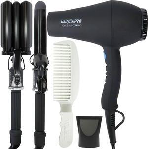 BaByliss Pro Porcelain Ceramic Gift Box (Dryer, Waver, Curling Iron) Black #BPPP7 with Wahl Flat Top Comb White