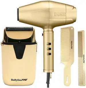 BaByliss PRO FXBDG1 GoldFX High Performance Turbo Dryer with BaByliss Pro UVFOIL UV-Disinfecting Metal Single Foil Shaver - Gold #FXLFS1G and GoldFX Comb Set