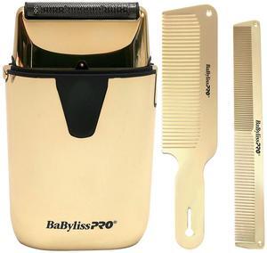 BaByliss Pro UVFOIL UV-Disinfecting Metal Single Foil Shaver - Gold #FXLFS1G with BaByliss Pro Barberology GoldFX Metal Comb Set