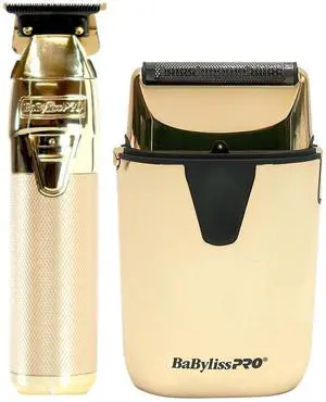 BaByliss Pro UVFOIL UV-Disinfecting Metal Single Foil Shaver - Gold #FXLFS1G with BaByliss Pro FXONE GOLDFX All-Metal Interchangeable-Battery Trimmer #FX799G