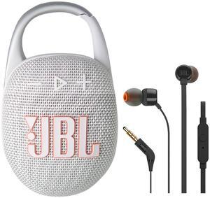 JBL Clip 5 Portable Waterproof Wireless Speaker (White) with JBL T110 In-Ear Headphones (Black)
