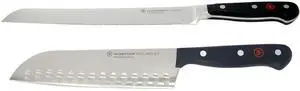 Wusthof Classic 9" Bread Knife Silver with Wusthof Gourmet 7" Hollow Edge Santoku Knife Black
