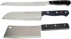 Wusthof Classic 9" Bread Knife with Wusthof Gourmet 7" Hollow Edge Santoku Knife and Wusthof 6" Cleaver Knive