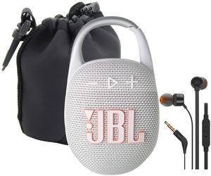 JBL Clip 5 Portable Waterproof Wireless Speaker (White) with Waterproof Speaker Pouch and JBL T110 In Ear Headphones