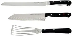 Wusthof Classic 9" Bread Knife with Wusthof Gourmet 6½ Slotted Fish Spatula #9035092117 and Wusthof Gourmet 7" Hollow Edge Santoku Knife