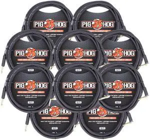 Pig Hog Tour Grade 10ft Instrument Cable 1/4" to 1/4" Right Angle to Straight Connectors (PH10R) - 10 Pack