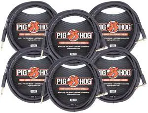 Pig Hog Tour Grade 10ft Instrument Cable 1/4" to 1/4" Right Angle to Straight Connectors (PH10R) - 6 Pack