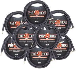Pig Hog Tour Grade 10ft Instrument Cable 1/4" to 1/4" Right Angle to Straight Connectors (PH10R) - 8 Pack