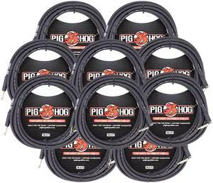 Pig Hog Tour Grade 18.5ft 1/4" - 1/4" 8mm Instrument Cable Straight to Right Angle Connectors - 10 Pack