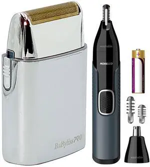 BaByliss Pro Professional Hypoallergenic Single Foil Cordless Shaver FXFS1 with Philips Norelco Nose Trimmer 3000 for Nose, Ears Eyebrows NT3600/62