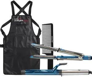 BaByliss Pro Prima3000 1¼" Styling Iron & 1¼" Extended Barrel Curling Iron Combo BNTPP54UC with Barberology Apron and Barberology 9" Comb - Black