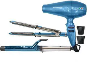 BaByliss Pro Prima3000 1¼" Styling Iron & 1¼" Extended Barrel Curling Iron Combo BNTPP54UC with Nano Titanium Portofino 6600 Full-Size Hair Dryer, Blue BNT6610N