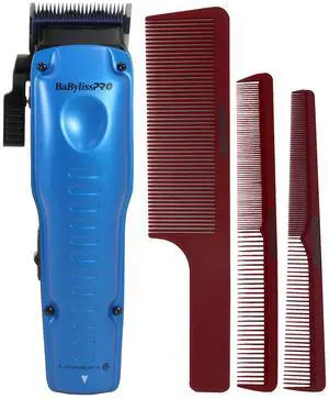 BaByliss Pro LIMITED EDITION LO-PROFX Interchangeable Battery Cordless Clipper (Blue) FX829BL with Barberology Comb Set (Clipper, Cutting, Taper Combs) - Red