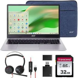 Acer Chromebook 315 15.6" Full HD Laptop - Intel Celeron N4500, 4GB LPDDR4X, 64GB eMMC (Sparkly Silver) with Case + Poly Blackwire 5220 Stereo Wired Headset Bundle