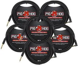 6x Pig Hog Black Woven Tour Grade Instrument Cable 1/4" to 1/4" Right Angle 10ft , PCH10BKR