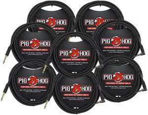 8x Pig Hog Black Woven Tour Grade Instrument Cable 1/4" to 1/4" Right Angle 10ft , PCH10BKR