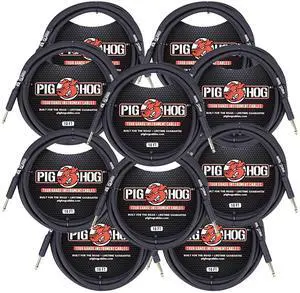 10x Pig Hog Tour Grade 10ft Instrument Cable 1/4" to 1/4" Straight Connectors Black - PH10