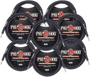 8x Pig Hog Tour Grade 10ft Instrument Cable 1/4" to 1/4" Straight Connectors Black - PH10