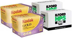 2x Kodak GOLD 200 Color Negative Film 35mm Roll Film, 24 Exposures with 2x Ilford HP5 Plus Black and White Negative Film (35mm Roll Film, 36 Exposures)