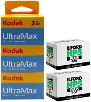 Kodak UltraMax 400 Color Negative Film (35mm, 36 Exposures) 3 Pack with 2x Ilford HP5 Plus Black and White Negative Film (35mm Roll Film, 36 Exposures)