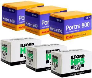 3x Kodak Professional Portra 800 Color Negative Film (35mm Roll Film, 36 Exposures) with 3x Ilford HP5 Plus Black and White Negative Film (35mm Roll Film, 36 Exposures)