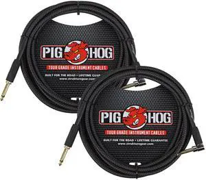 2 Unit Pig Hog Black Woven Tour Grade Instrument Cable 1/4" to 1/4" Right Angle 10ft , PCH10BKR