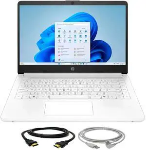 HP 14-Inch Laptop with Intel Celeron N4500 Processor, 4GB RAM, 64GB eMMC Storage  Snowflake White + Cables