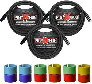 3x Pig Hog 8mm XLR Microphone Cable Male to Female 10 Ft Fully Balanced Premium Mic Cable + Zoom XLR-6c Color ID Rings for Microphone Cables (6 Pairs)