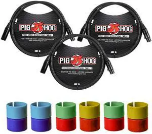 3x Pig Hog 8mm XLR Microphone Cable Male to Female 3 Ft Fully Balanced Premium Mic Cable + Zoom XLR-6c Color ID Rings for Microphone Cables (6 Pairs)