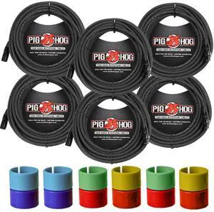 6x Pig Hog 8mm XLR Microphone Cable Male to Female 50 Ft Fully Balanced Premium Mic Cable + Zoom XLR-6c Color ID Rings for Microphone Cables (6 Pairs)