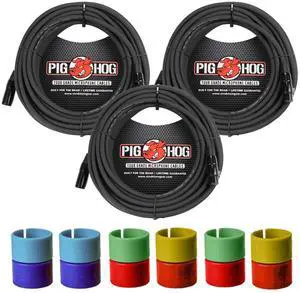 3x Pig Hog 8mm XLR Microphone Cable Male to Female 50 Ft Fully Balanced Premium Mic Cable + Zoom XLR-6c Color ID Rings for Microphone Cables (6 Pairs)
