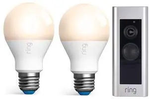 2x Ring A19 Smart LED Light Bulb Dimmable Neutral White 800 Brightness Lumens + Wired Doorbell Plus Smart Wi-Fi Video Doorbell - Satin Nickel