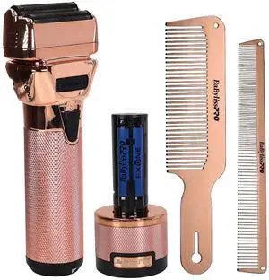 BaByliss Pro FXONE ROSEFX All-Metal Interchangeable-Battery Shaver FX79FSRG with Barberology Metal Comb Set 9" Clipper Comb and 7.5" Cutting Comb Rose Gold