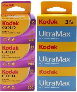 Kodak UltraMax 400 Color Negative Film (35mm, 36 Exposures) - 3 Pack with Kodak GOLD 200 Color Negative Film (35mm Roll Film, 36 Exposures) - 3 Pack