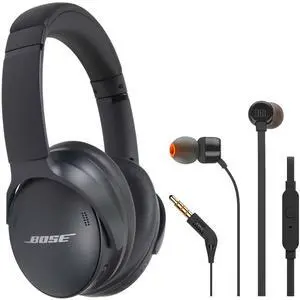 Bose QuietComfort SC Wireless Over-Ear Active Noise Canceling Headphones (Black) 884367-0900 with Soft Case + JBL T110 in Ear Headphones Black
