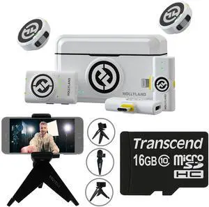 Hollyland LARK M2 DUO 2-Person Wireless Combo Microphone System (2.4 GHz, Ivory White) with compact Selfie Video Tripod and 16GB MicroSD Memory Card