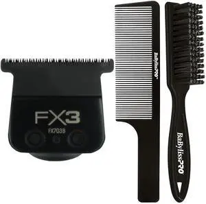 BaByliss Pro FX3 Titanium Carbon-Nitride Standard-Tooth Ultra-Thin Replacement T-Blade FX703B with Fade Brush and 9" Comb Black